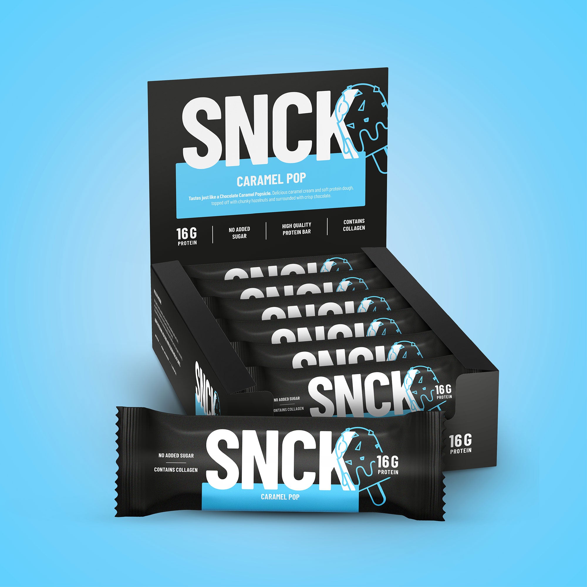SNCK Caramel Pop protein box packaging on a blue background