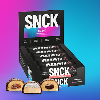 Box of SNCK mix box with three bites displayed in front on a gradient background