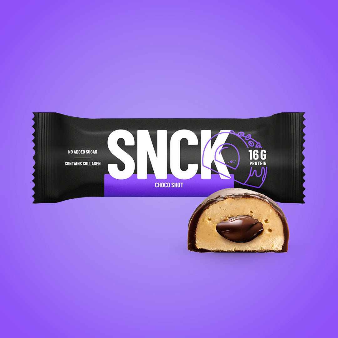 SNCK CHOCO SHOT Protein bar on a purple background